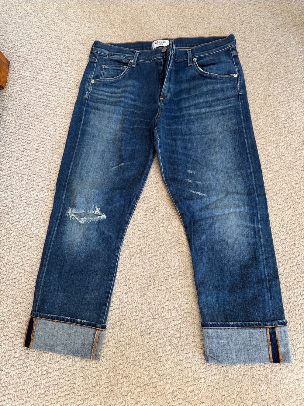 AGOLDE Women's Dark Blue Boyfriend Jeans with Distressed Knees